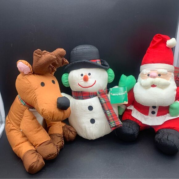 1993 Nylon Christmas Plush Santa Reindeer Snowman - Picture 2 of 2